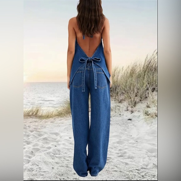 14.Premium Denim Two PiecesSet Button Backless Halter Top Wide Leg Jeans Stylish - Picture 4 of 7